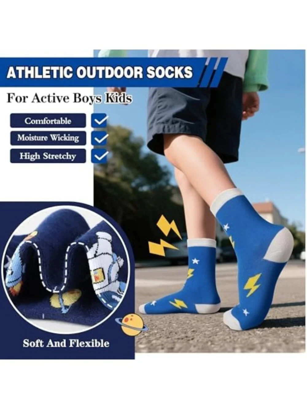 6 Pairs Kids Fun Cotton Crew Socks - Cartoon Space Trucks & Stars Novelty Design